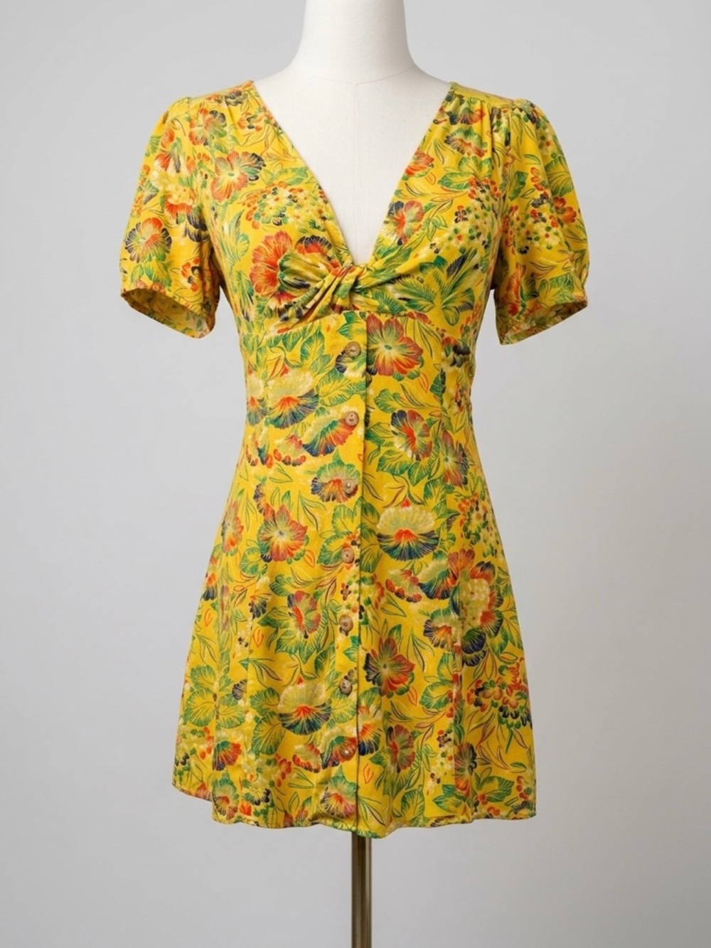 Urban Outfitters Yellow Floral Bettie Twist Front Mini Dress READ DESCRIPTION